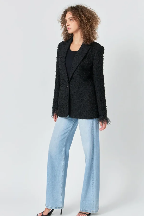 ENDLESS ROSE Blazers | Tops*- Feather-Trimmed Tweed Blazer BLACK