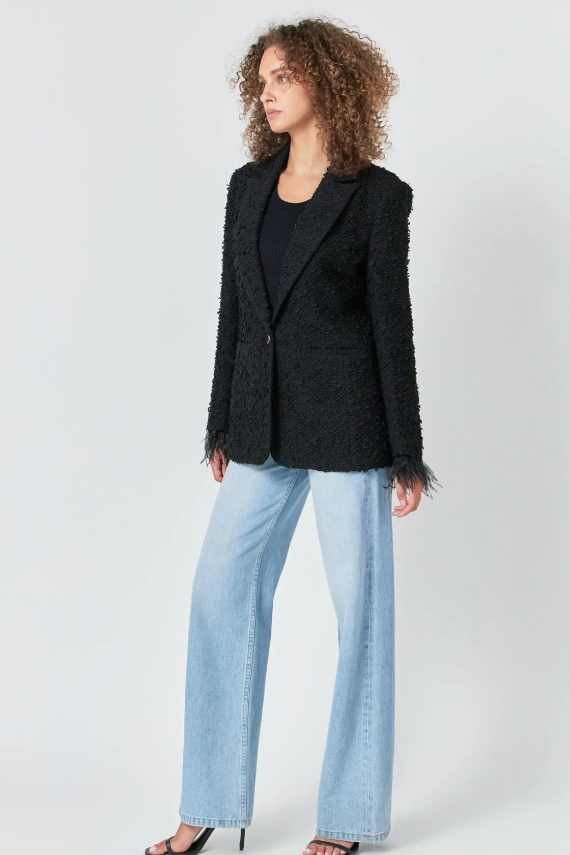 endless_rose__feathertrim_1.webp ENDLESS ROSE Blazers | Tops*- Feather-Trimmed Tweed Blazer BLACK