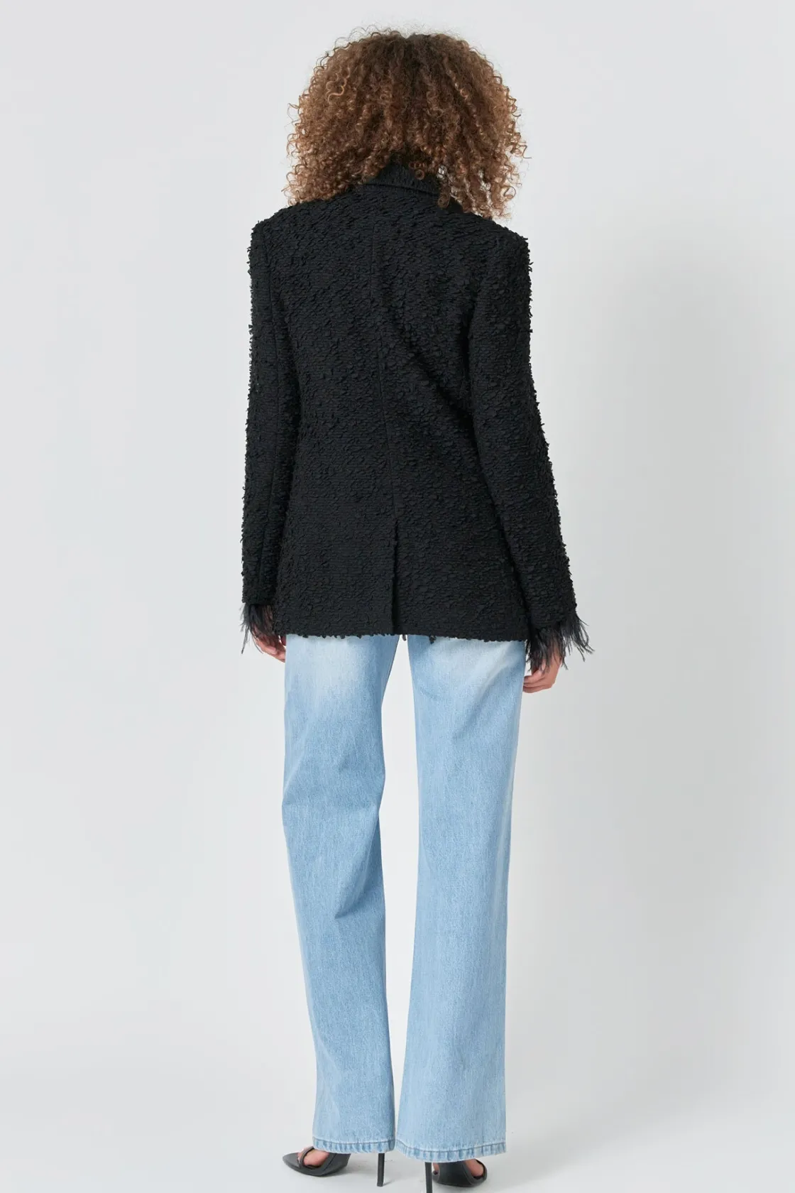 endless_rose__feathertrim_2.webp ENDLESS ROSE Blazers | Tops*- Feather-Trimmed Tweed Blazer BLACK