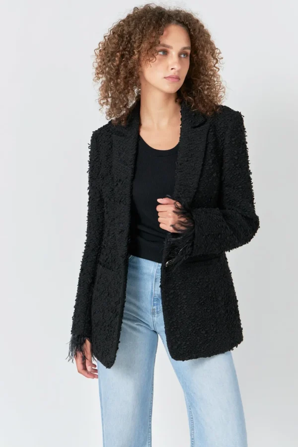 ENDLESS ROSE Blazers | Tops*- Feather-Trimmed Tweed Blazer BLACK