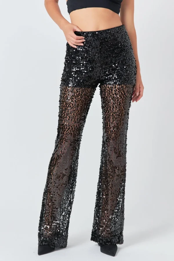 ENDLESS ROSE Pants | Tops*- Flared Sequins Pants BLACK