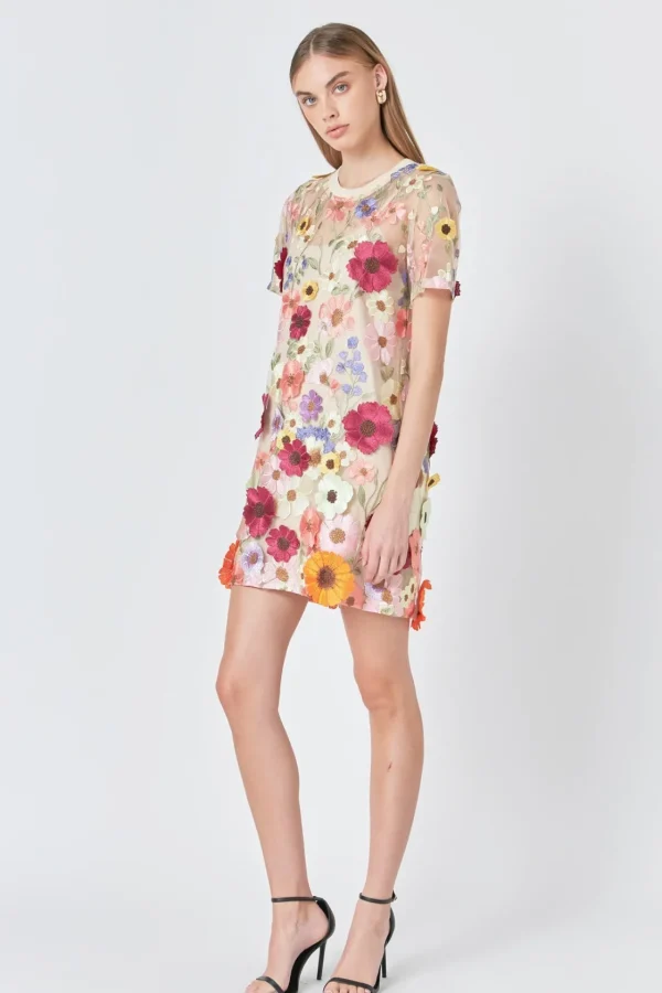 ENDLESS ROSE Floral Dresses*- Floral Applique Mini Dress NUDE