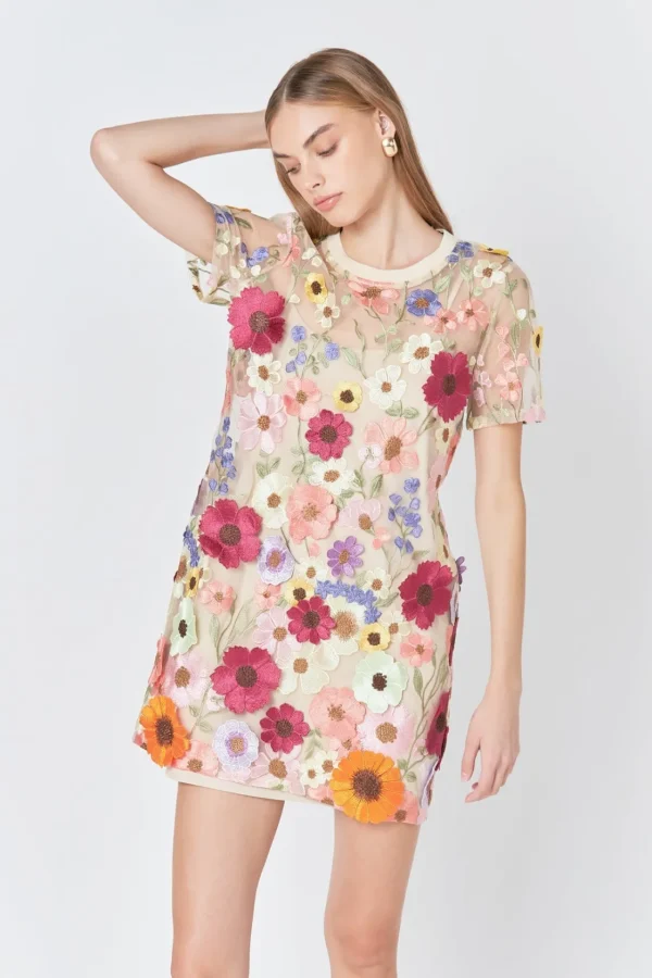 ENDLESS ROSE Floral Dresses*- Floral Applique Mini Dress NUDE