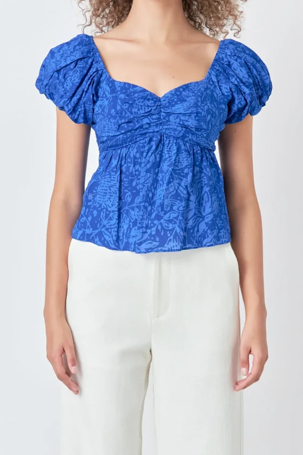 ENDLESS ROSE Tops*- Floral Bow Tied Top BLUE