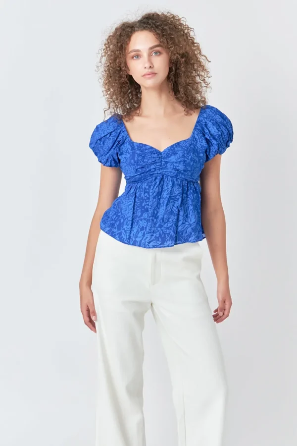 ENDLESS ROSE Tops*- Floral Bow Tied Top BLUE