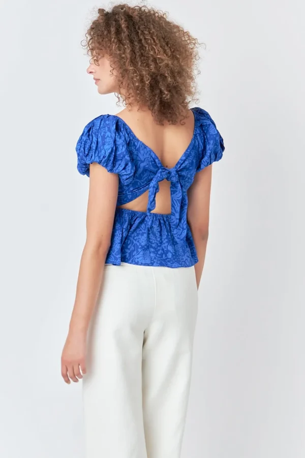 ENDLESS ROSE Tops*- Floral Bow Tied Top BLUE