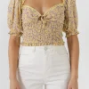 ENDLESS ROSE Tops*- Floral Chiffon Lace Trim Top YELLOWMULTI