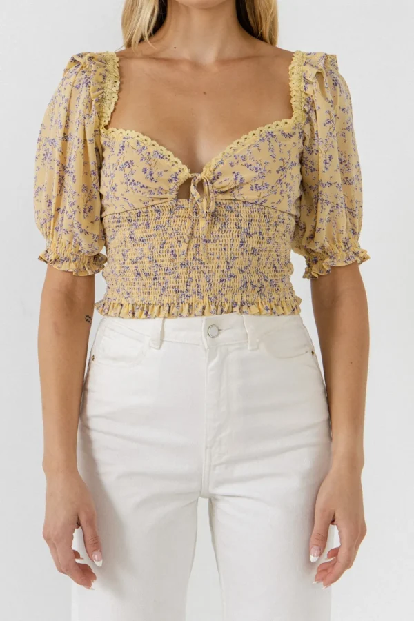 ENDLESS ROSE Tops*- Floral Chiffon Lace Trim Top YELLOWMULTI