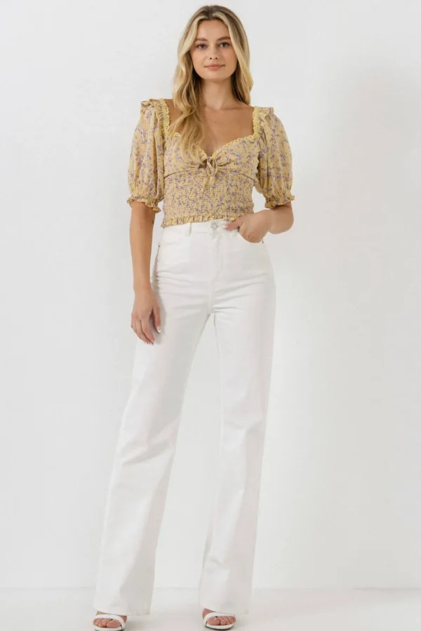 ENDLESS ROSE Tops*- Floral Chiffon Lace Trim Top YELLOWMULTI