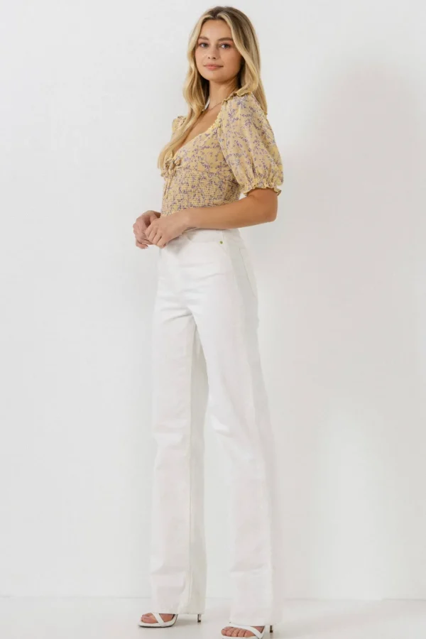 ENDLESS ROSE Tops*- Floral Chiffon Lace Trim Top YELLOWMULTI