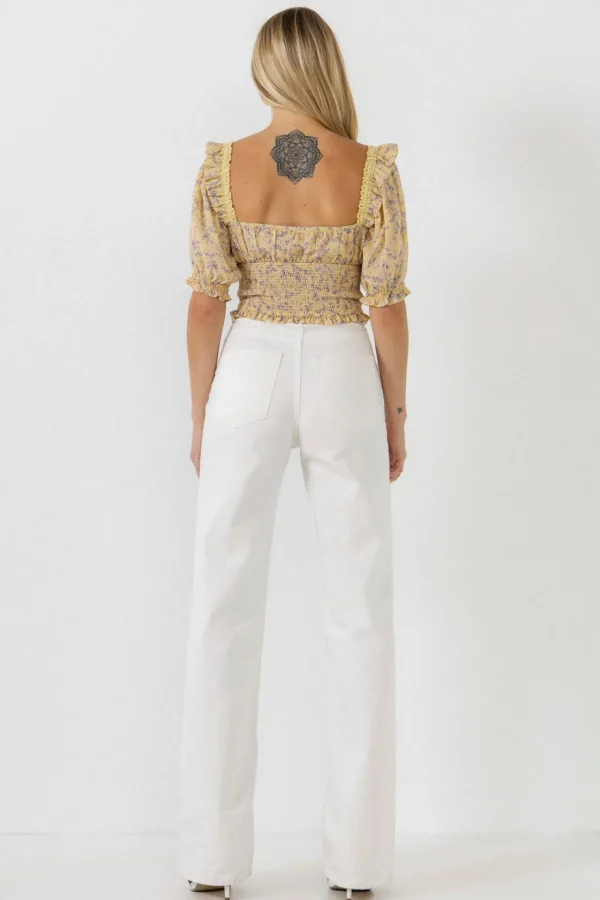 ENDLESS ROSE Tops*- Floral Chiffon Lace Trim Top YELLOWMULTI