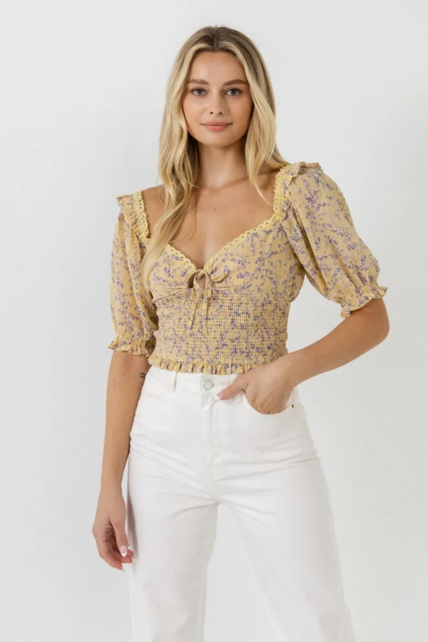ENDLESS ROSE Tops*- Floral Chiffon Lace Trim Top YELLOWMULTI