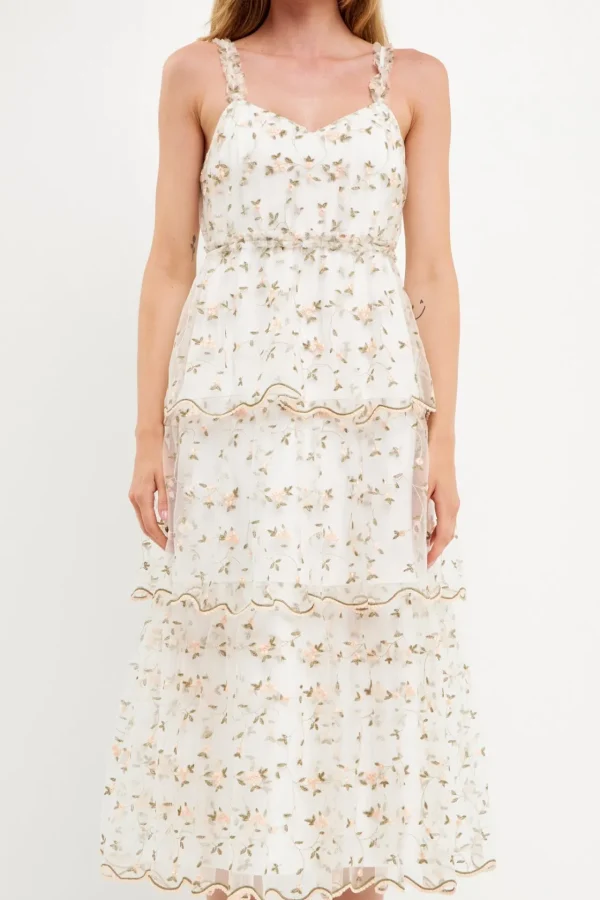 ENDLESS ROSE White Dresses | Floral Dresses*- Floral Embroidery Scalloped Hem Tiered Dress WHITEMULTI