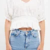ENDLESS ROSE Tops*- Floral Embroidered Smocked Off Shoulder Top WHITE