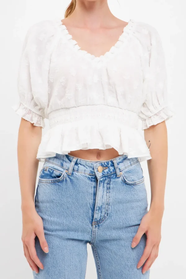 ENDLESS ROSE Tops*- Floral Embroidered Smocked Off Shoulder Top WHITE
