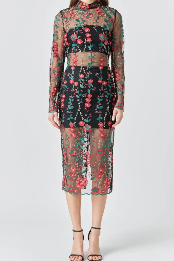 ENDLESS ROSE Tops*- Floral Embroidered Sheer Midi Dress REDMULTI