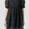 ENDLESS ROSE Little Black Dress | Puff Sleeve*- Floral Embroidery Babydoll Dress BLACK
