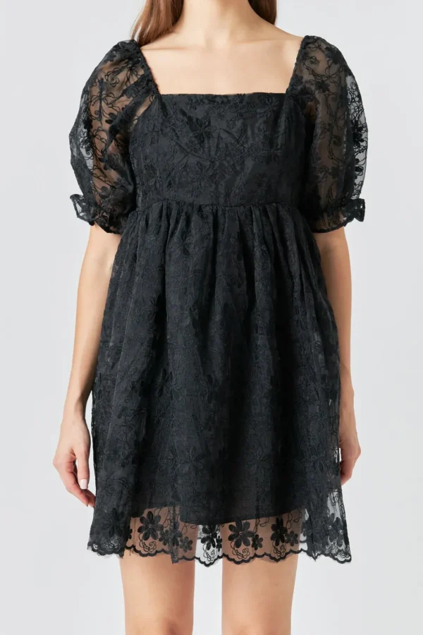 ENDLESS ROSE Little Black Dress | Puff Sleeve*- Floral Embroidery Babydoll Dress BLACK