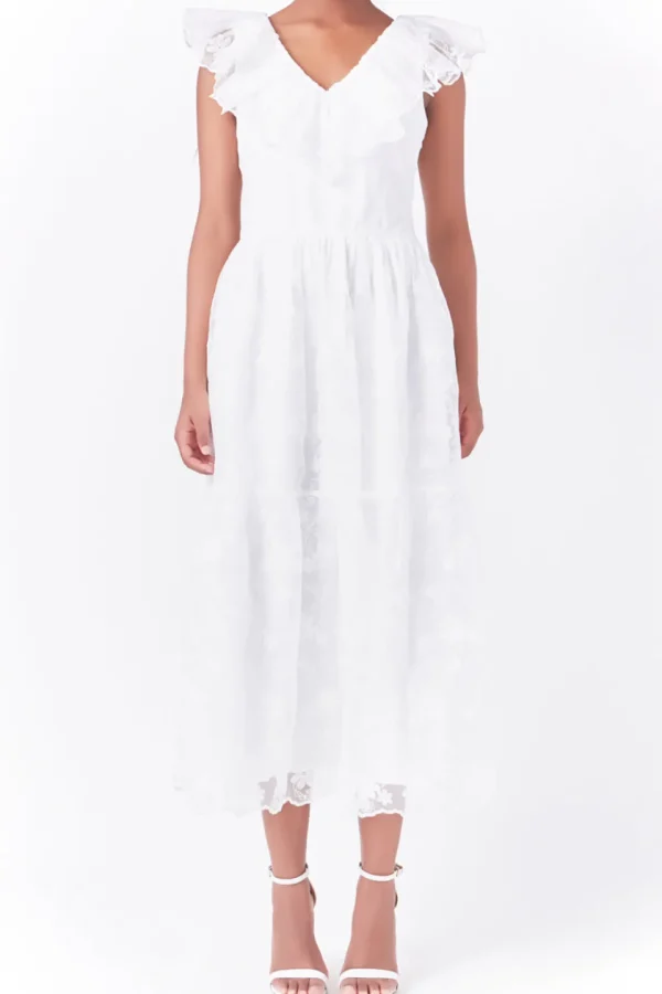 ENDLESS ROSE White Dresses | Tops*- Floral Embroidery Organza Midi Dress OFFWHITE