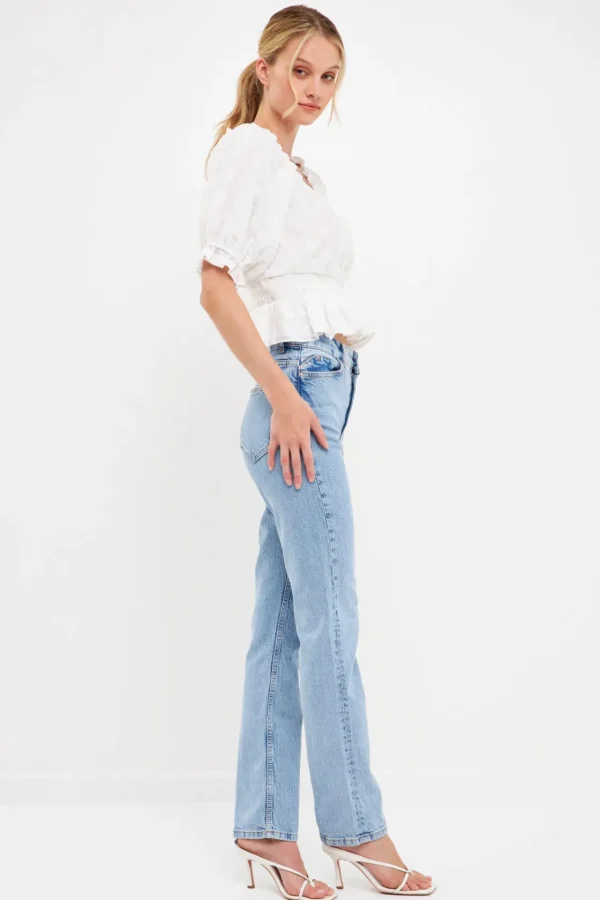 ENDLESS ROSE Tops*- Floral Embroidered Smocked Off Shoulder Top WHITE