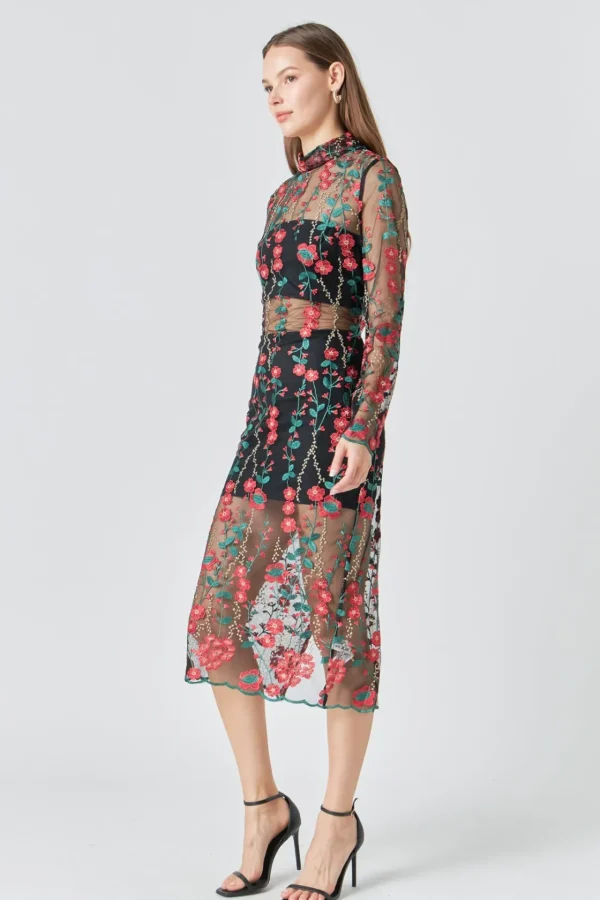 ENDLESS ROSE Tops*- Floral Embroidered Sheer Midi Dress REDMULTI