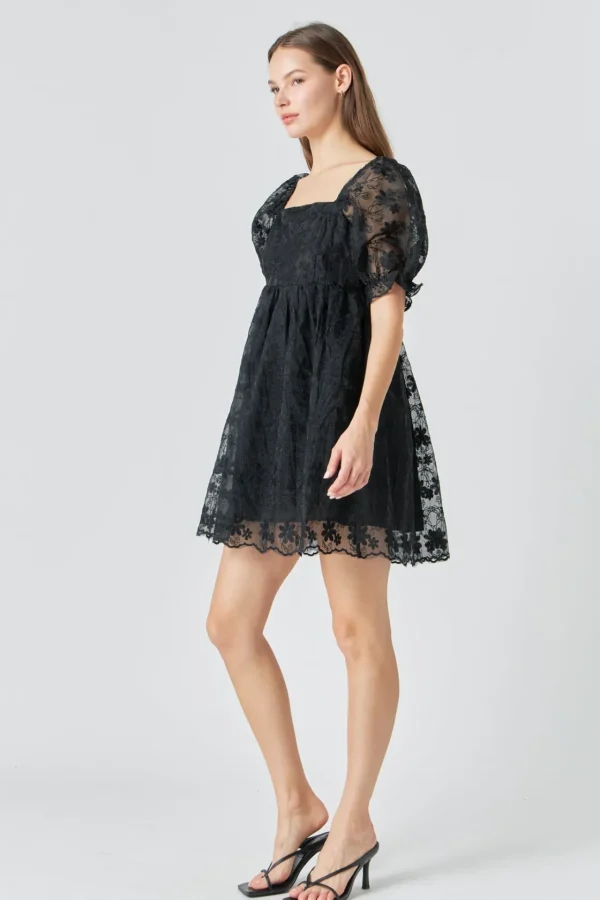 ENDLESS ROSE Little Black Dress | Puff Sleeve*- Floral Embroidery Babydoll Dress BLACK