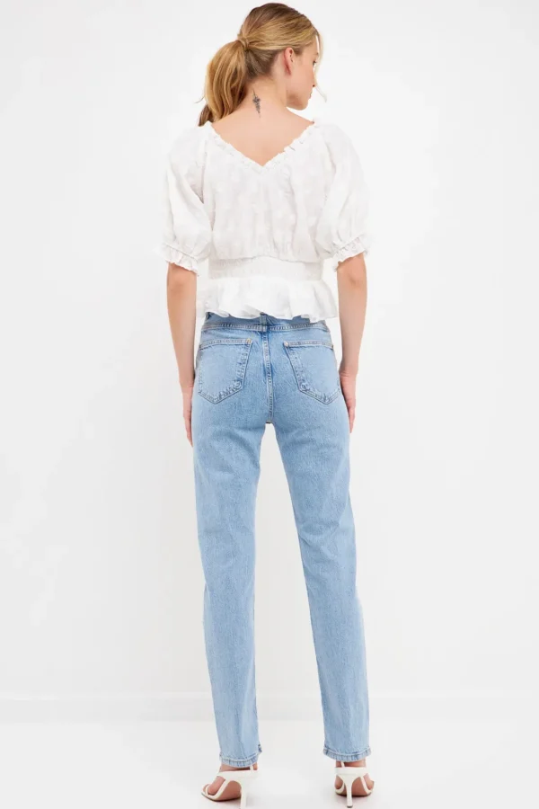 ENDLESS ROSE Tops*- Floral Embroidered Smocked Off Shoulder Top WHITE