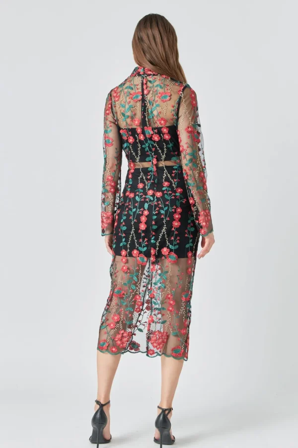 ENDLESS ROSE Tops*- Floral Embroidered Sheer Midi Dress REDMULTI