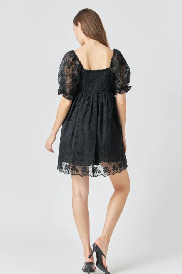 ENDLESS ROSE Little Black Dress | Puff Sleeve*- Floral Embroidery Babydoll Dress BLACK
