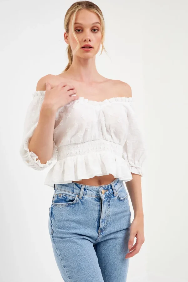 ENDLESS ROSE Tops*- Floral Embroidered Smocked Off Shoulder Top WHITE