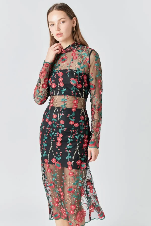 ENDLESS ROSE Tops*- Floral Embroidered Sheer Midi Dress REDMULTI
