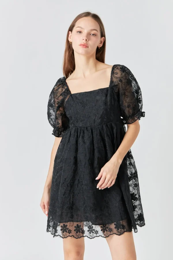 ENDLESS ROSE Little Black Dress | Puff Sleeve*- Floral Embroidery Babydoll Dress BLACK