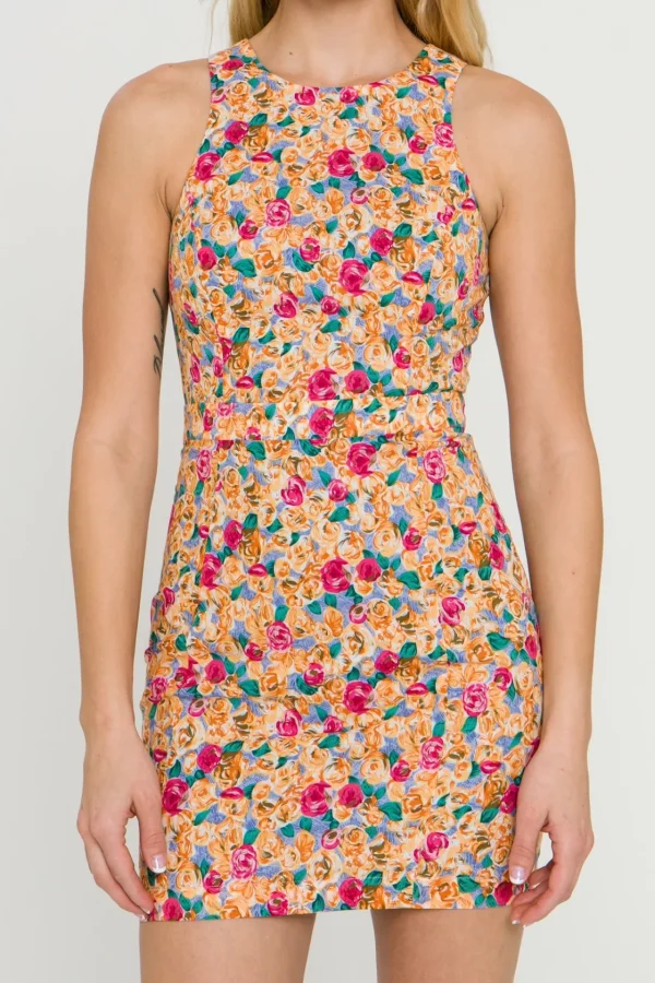 ENDLESS ROSE Tops*- Floral Fitted Mini Dress with Back Cutout MULTI