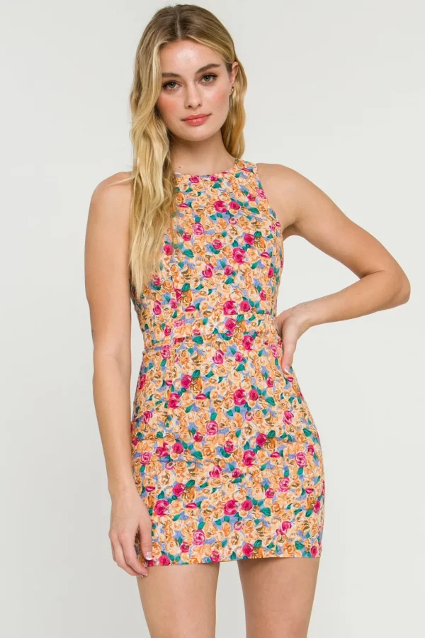 ENDLESS ROSE Tops*- Floral Fitted Mini Dress with Back Cutout MULTI