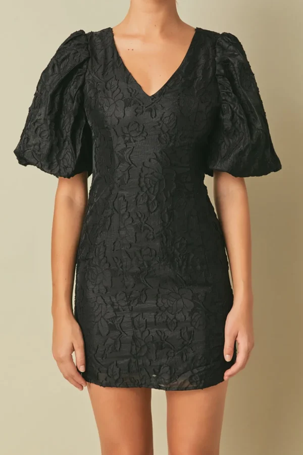 ENDLESS ROSE Tops*- Floral Jacquard Puff Sleeve Mini Dress