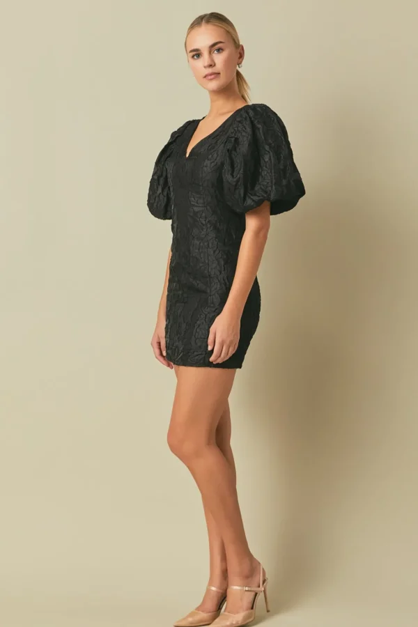 ENDLESS ROSE Tops*- Floral Jacquard Puff Sleeve Mini Dress