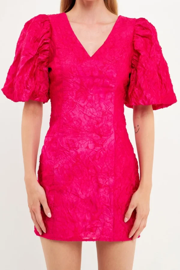 ENDLESS ROSE Tops*- Floral Jacquard Puff Sleeve Mini Dress