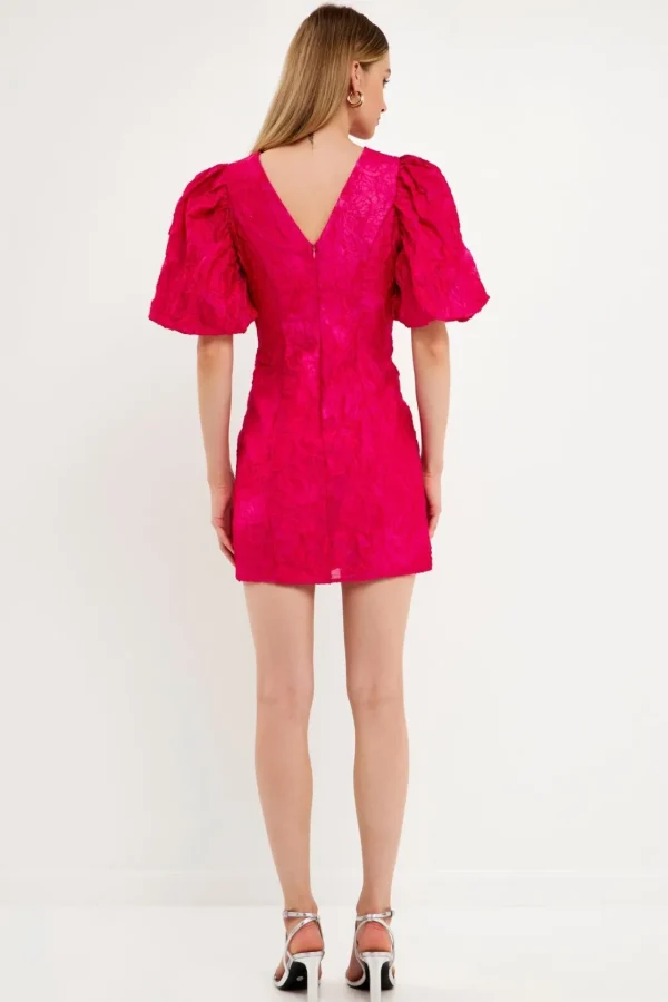 ENDLESS ROSE Tops*- Floral Jacquard Puff Sleeve Mini Dress