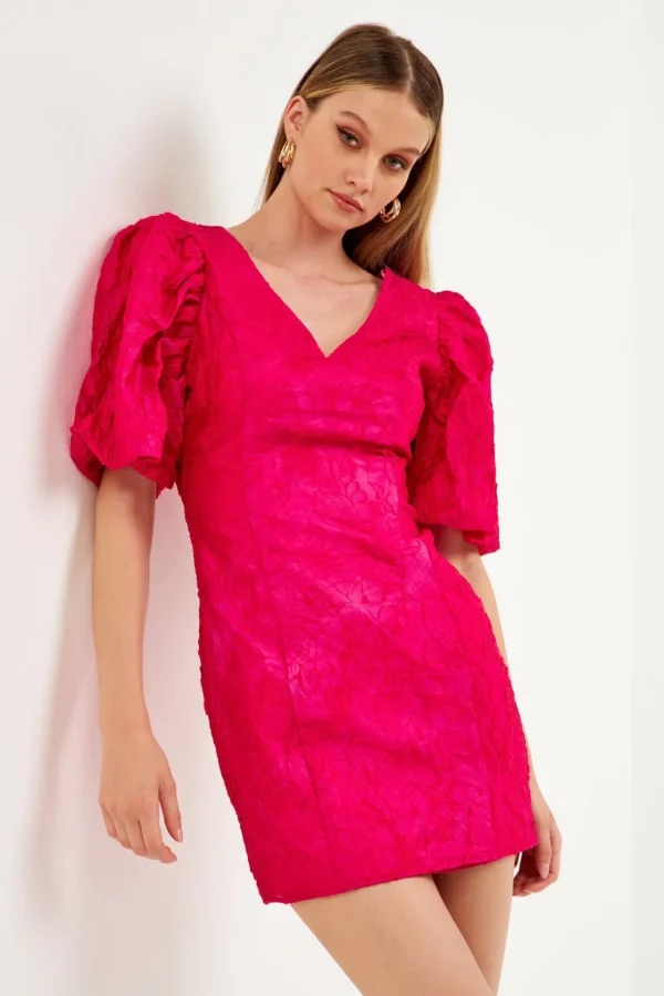 ENDLESS ROSE Tops*- Floral Jacquard Puff Sleeve Mini Dress