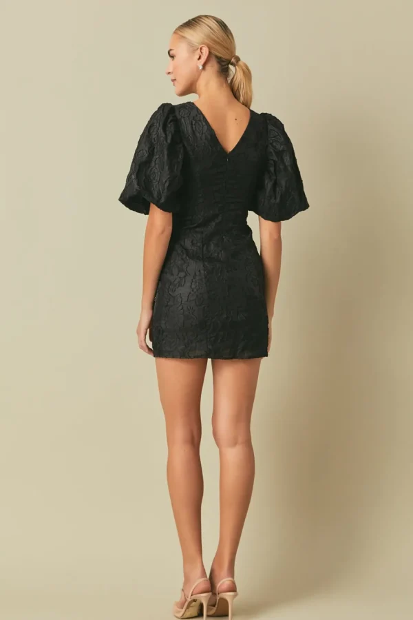 ENDLESS ROSE Tops*- Floral Jacquard Puff Sleeve Mini Dress