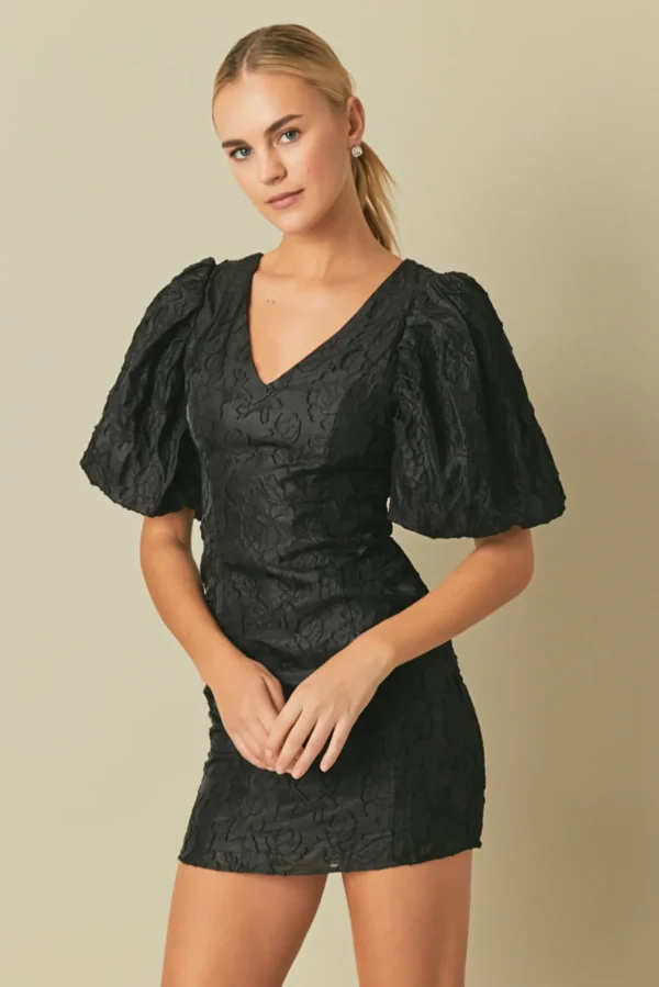 ENDLESS ROSE Tops*- Floral Jacquard Puff Sleeve Mini Dress