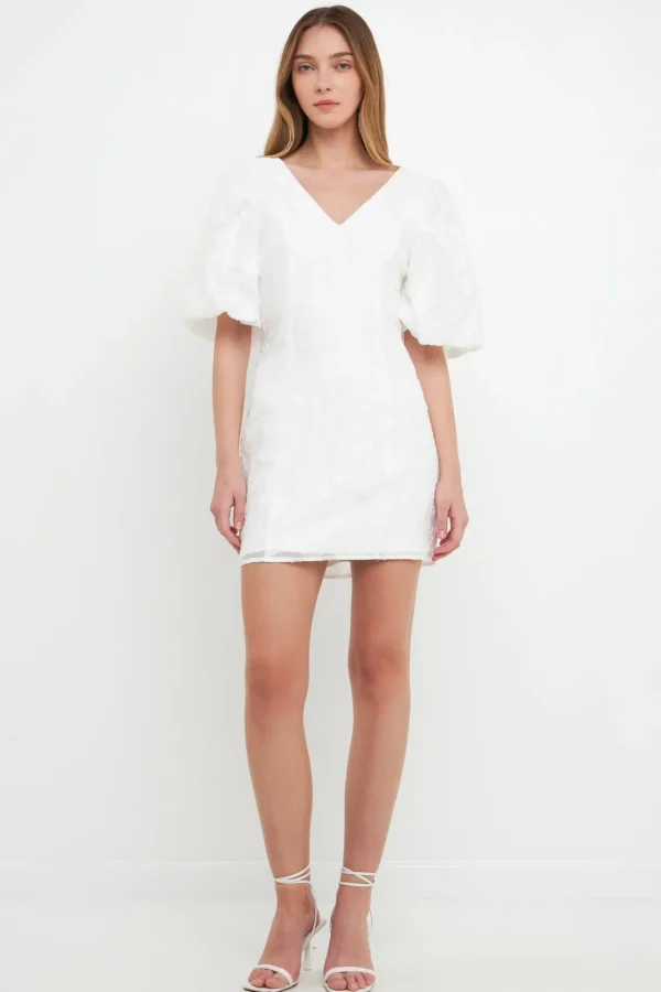 ENDLESS ROSE Tops*- Floral Jacquard Puff Sleeve Mini Dress