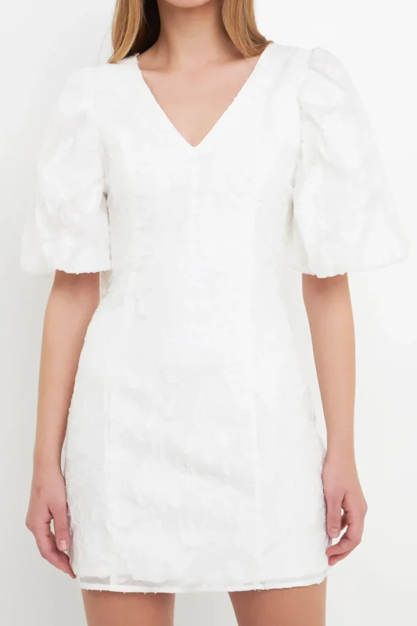 ENDLESS ROSE Tops*- Floral Jacquard Puff Sleeve Mini Dress