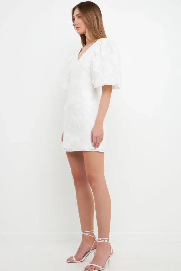ENDLESS ROSE Tops*- Floral Jacquard Puff Sleeve Mini Dress