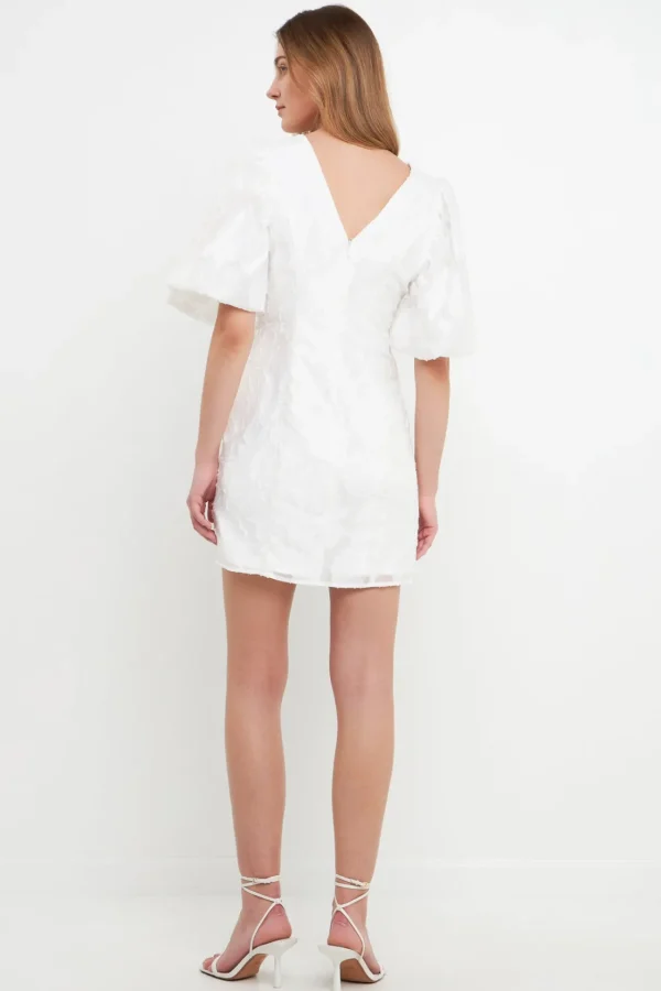 ENDLESS ROSE Tops*- Floral Jacquard Puff Sleeve Mini Dress