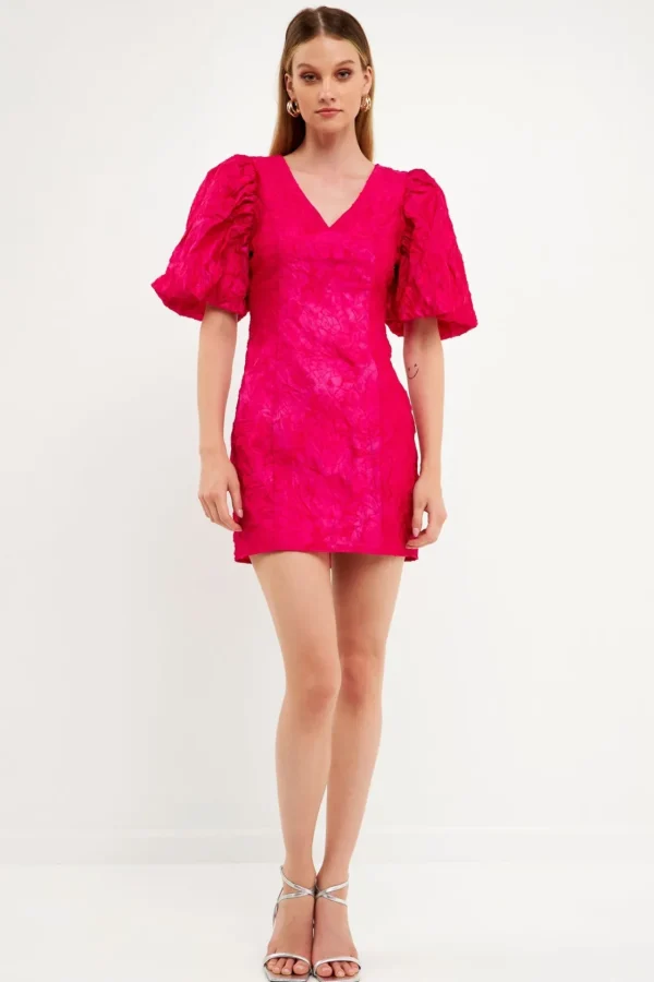 ENDLESS ROSE Tops*- Floral Jacquard Puff Sleeve Mini Dress