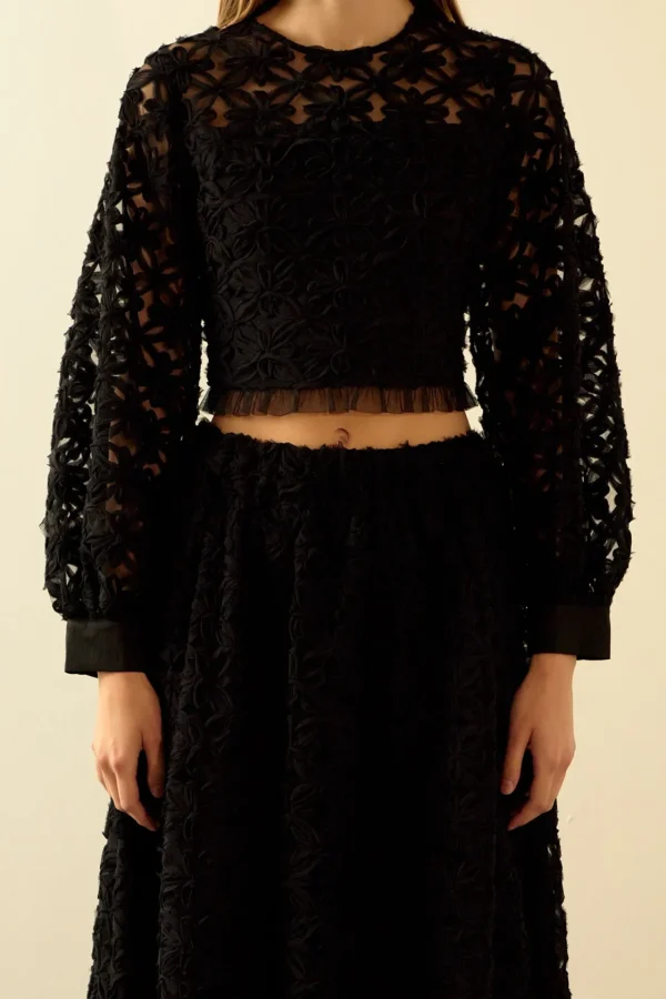 ENDLESS ROSE Tops*- Floral Lace Long Sleeve Top BLACK