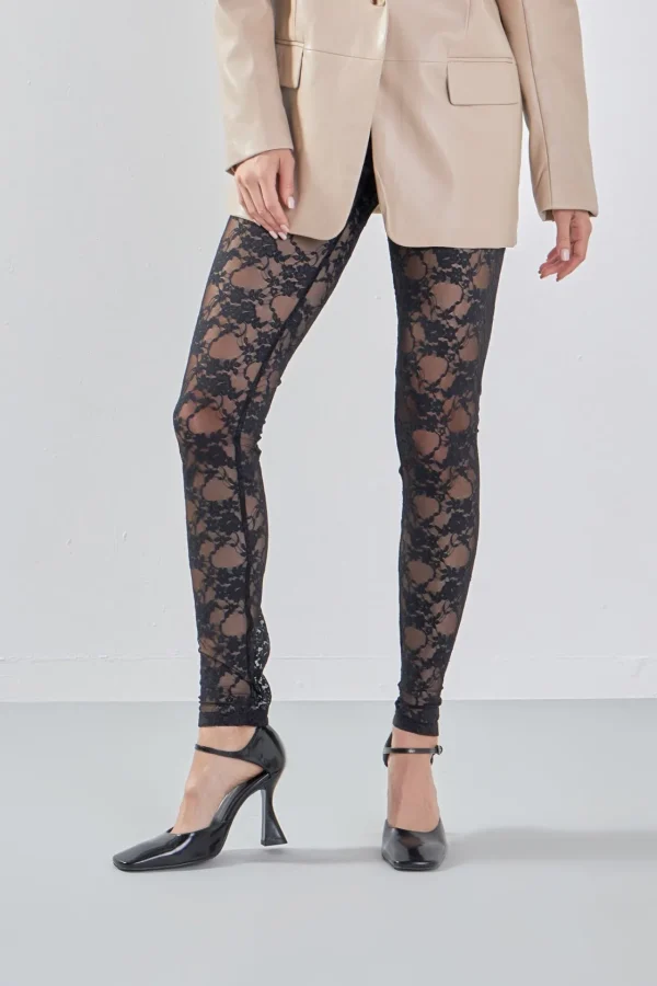ENDLESS ROSE Pants | Tops*- Floral Lace Leggings BLACK