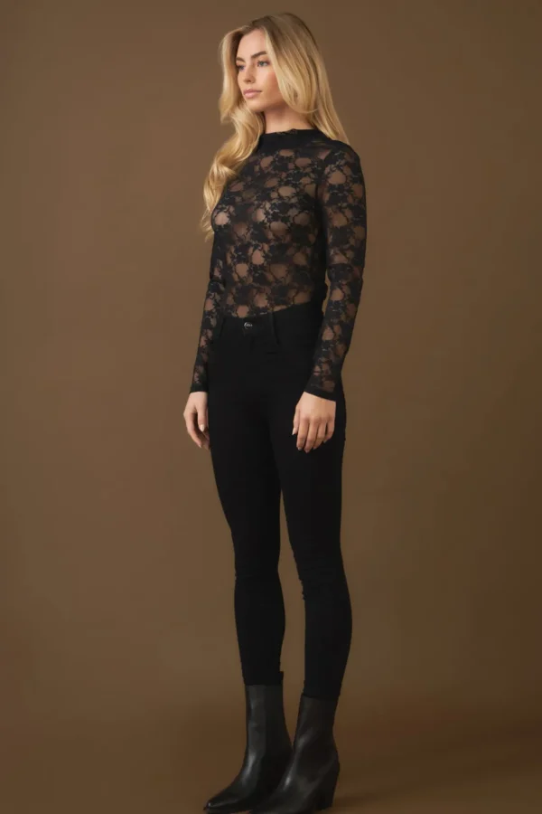 ENDLESS ROSE Tops*- Floral Lace See Through Top BLACK