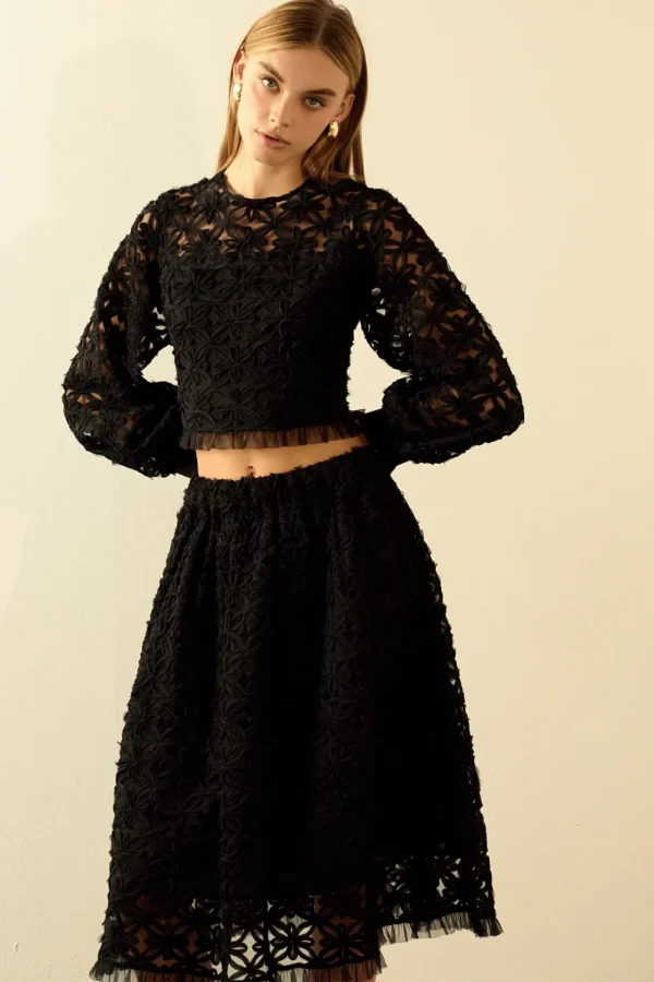 ENDLESS ROSE Tops*- Floral Lace Long Sleeve Top BLACK